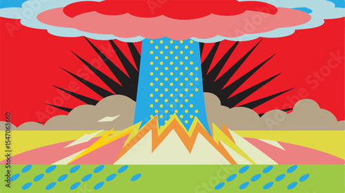 Abstract Artistic Depiction of a Volcanic Eruption or Nuclear Explosion A Post-Apocalyptic Landscape in Vibrant Colors, Symbolizing Destruction and Renewal