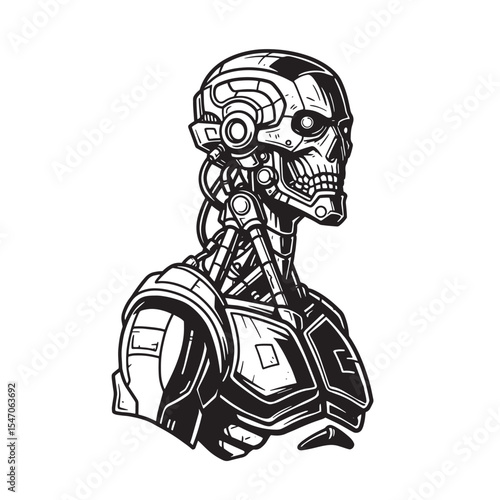 Detailed vintage art silhouette of a cybernetic humanoid skull with futuristic mechanical design