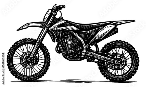 Detailed Black and White Line Art Illustration of a Motorcross Bike Side View