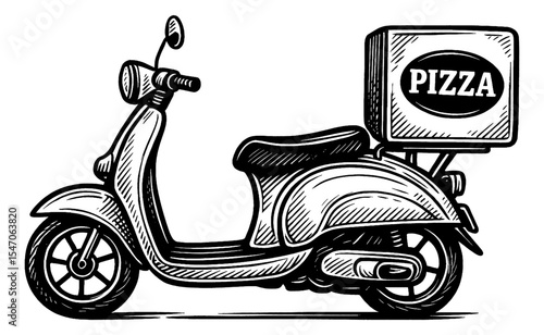 Engraved style illustration of a pizza delivery scooter in black and white