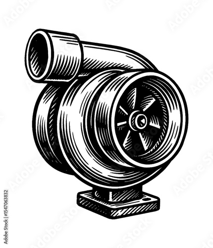 Detailed Black and White Engraving Style Vector Illustration of a Turbocharger