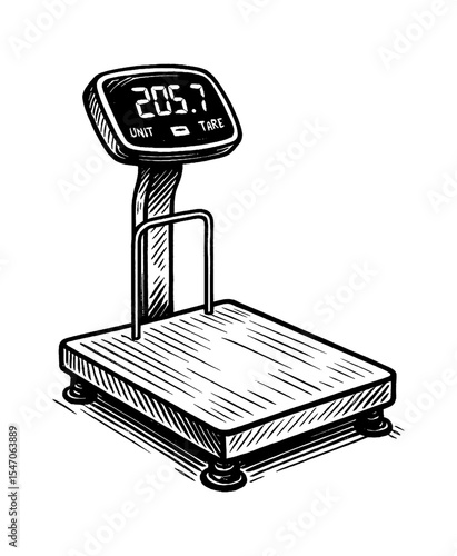 Illustration of a digital weighing scales with a platform, displayed weight and tare function