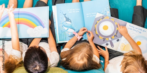 Children reading colorful books. Kids enjoy reading. Books with rainbows and animals. Reading is fun. Children, books, and reading together. Little kids reading books together.