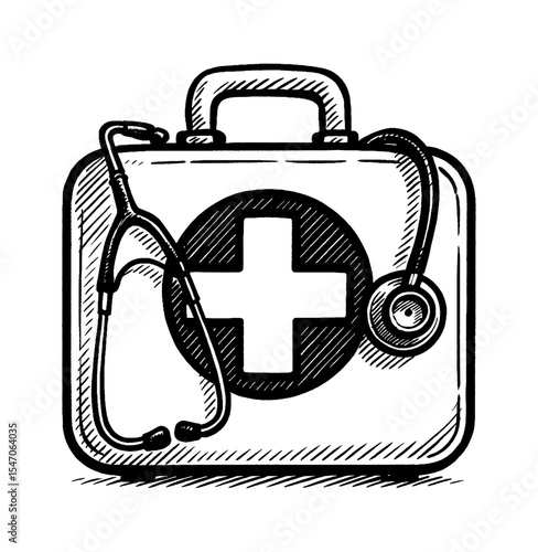First Aid Kit and Stethoscope Vector Illustration in Black and White Engraved Style