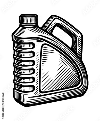 Black and white vector drawing of a plastic motor oil bottle on white background