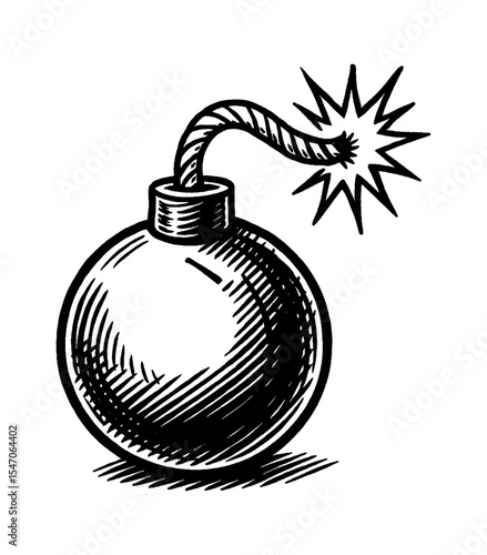 Illustration of a Round Bomb with a Lit Fuse in Black and White Detailed Style