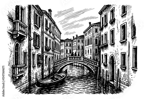 Engraving illustration of canal and architecture in Venice, Italy with boat