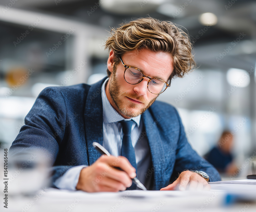 professional man in suit is focused on signing documents at desk, showcasing concentration and diligence in modern office environment professional man in suit is focused on signing documents at desk, showcasing concentration and diligence in modern office environment