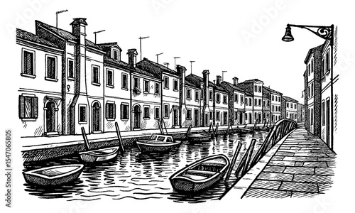 Venetian canal with boats and architecture in detailed engraving style in black and white