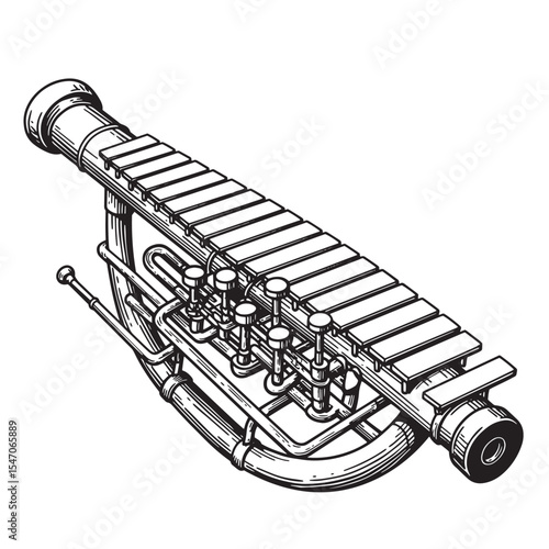 Vintage art silhouette illustration of a unique hybrid musical instrument with keys and trumpet shape