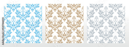 Wallpapers in the style of Baroque.. Set of colored floral ornaments. Seamless vector backgrounds Graphic patterns for fabric, wallpaper, packaging. Ornate Damask flower illustration