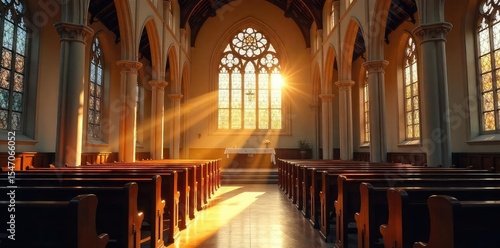 A serene parish church service in progress, sunlight streaming through stained-glass windows onto the altar and pews Peaceful atmosphere of worship and prayer , calm, peace