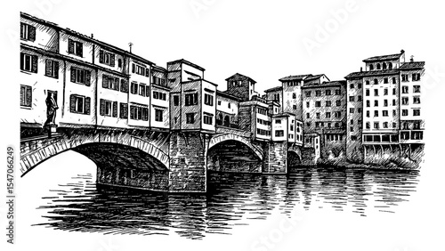Detailed Engraved Illustration of the Ponte Vecchio Bridge in Florence Italy