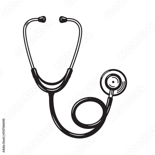 Vintage black silhouette drawing of a medical stethoscope on a white background