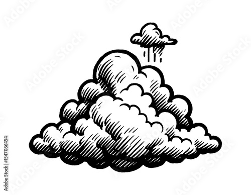 Illustration of Cumulus Cloud and Rain Cloud with Detailed Black and White Hatching Engraving