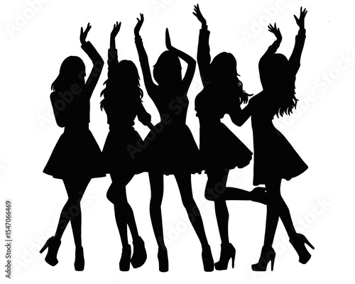 Silhouette of female idol group, group of beautiful women dancing and partying, icon isolated on white background
