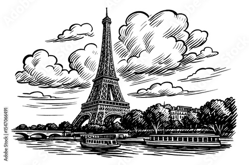 Eiffel Tower in Paris with Seine River boats landscape in detailed engraving style