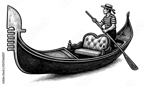 Man rowing gondola in Venice, Italy, detailed black and white engraving style illustration