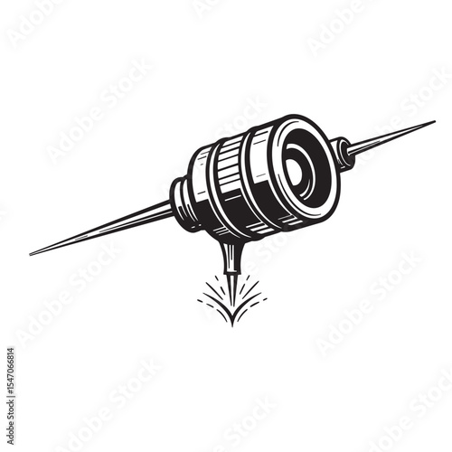 Vintage silhouette of an intricate industrial device releasing energy sparks in black and white