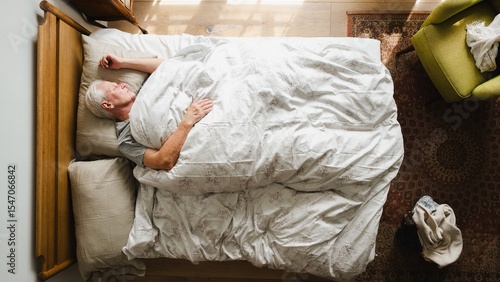 Canvas Print Elderly person sleeping in bed, covered with a white blanket
