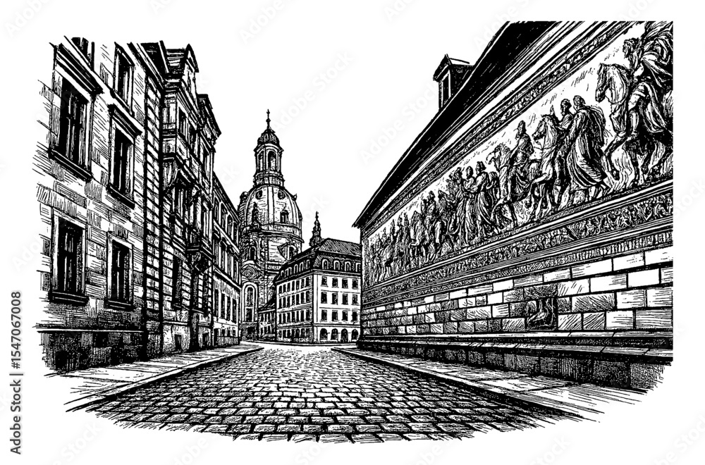Fototapeta premium Detailed Black and White Engraving of a Street View in Dresden, Germany with Cobblestone Road
