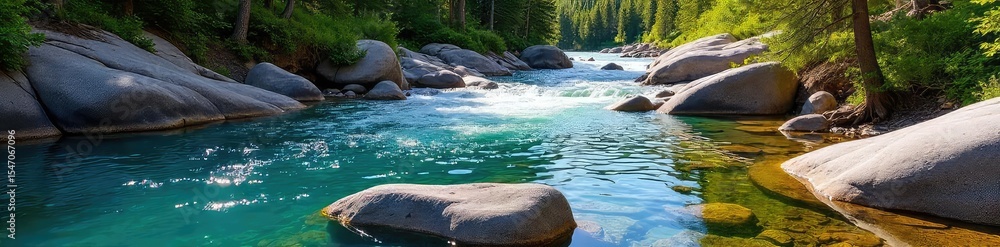 Fototapeta premium Crystal clear Yellowstone River water flows over smooth rocks, reflecting the surrounding vibrant landscape Perfect for travel, nature, or environmental themes , geothermal, untouched