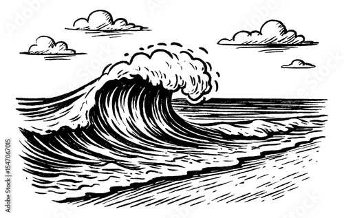 Ocean Wave Crashing with Clouds Above in Black and White Engraving Style Illustration
