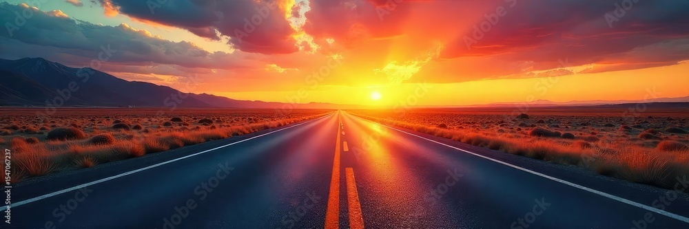 Naklejka premium Endless asphalt ribbon stretches towards a vibrant sunset horizon, promising adventure and open road freedom The perfect image for travel, wanderlust, and exploration themes , summer, tires