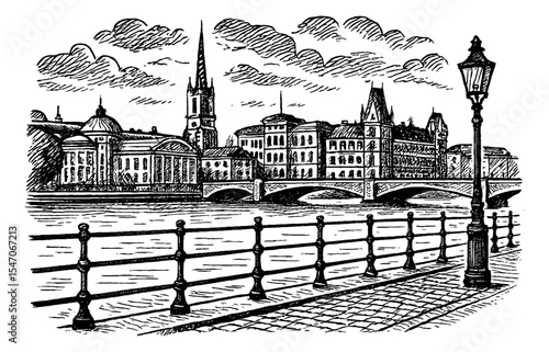 Cityscape view with buildings, water, bridge, sky, clouds with line art style illustration