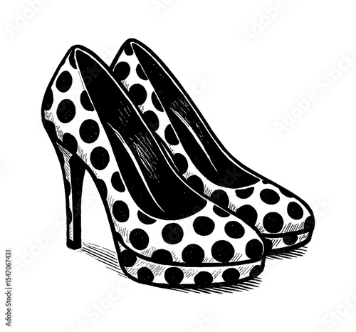 Polka Dot High Heel Shoes Illustrated in Black and White Engraved Style