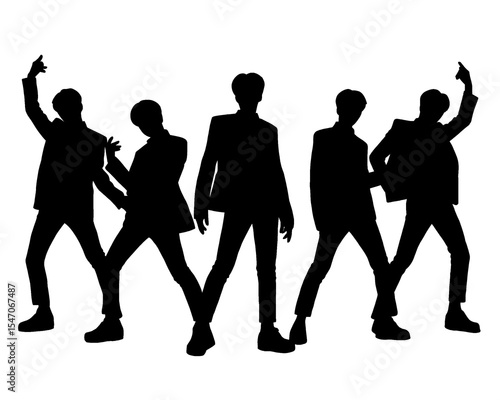 Male idol group silhouette, kpop idol dancing, icon isolated on white background