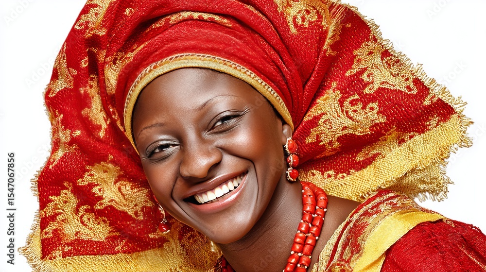 Nigerian woman smiling wearing traditional red and gold headwrap and jewelry Nigerian woman smiling wearing traditional red and gold headwrap and jewelry