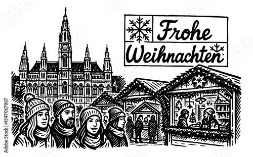 Christmas market in Vienna, Austria with people, line art illustration
