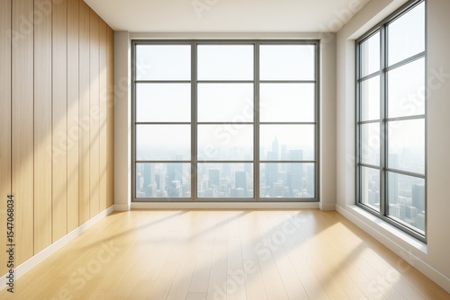 Bright modern interior room with large windows and wooden floor overlooking a city skyline in daylight, showcasing contemporary architectural design.