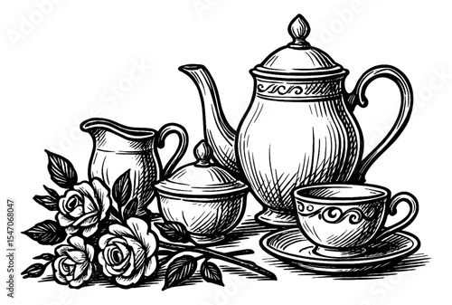 Elegant Still Life with Tea Set and Roses in Detailed Black and White Engraving