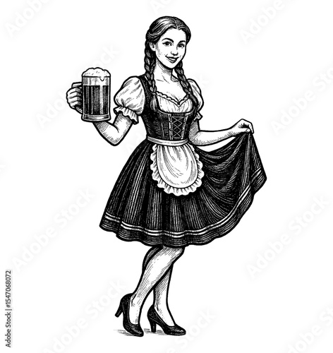 Oktoberfest Woman Holding Beer Mug in Traditional Dress and High Heels Engrave Style