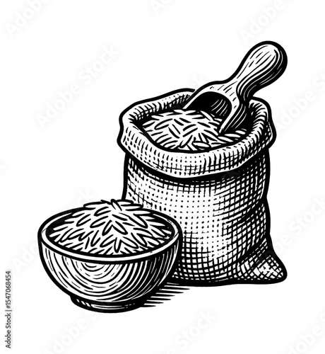 Detailed Black and White Illustration of Rice Sack, Bowl, and Wooden Scoop.