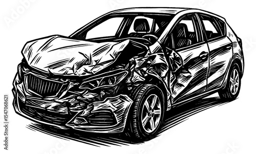 Illustration of a Car Crash with Frontal Damage in Black and White Engraved Style