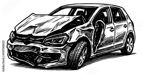 Damaged car illustration in black and white with visible damage to the front and side