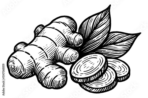 Engraved illustration of ginger root, sliced ginger, and ginger leaf in black and white
