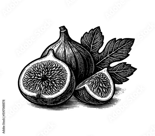 Engraved Illustration of Figs with Leaf Detail in Black and White, Close-up