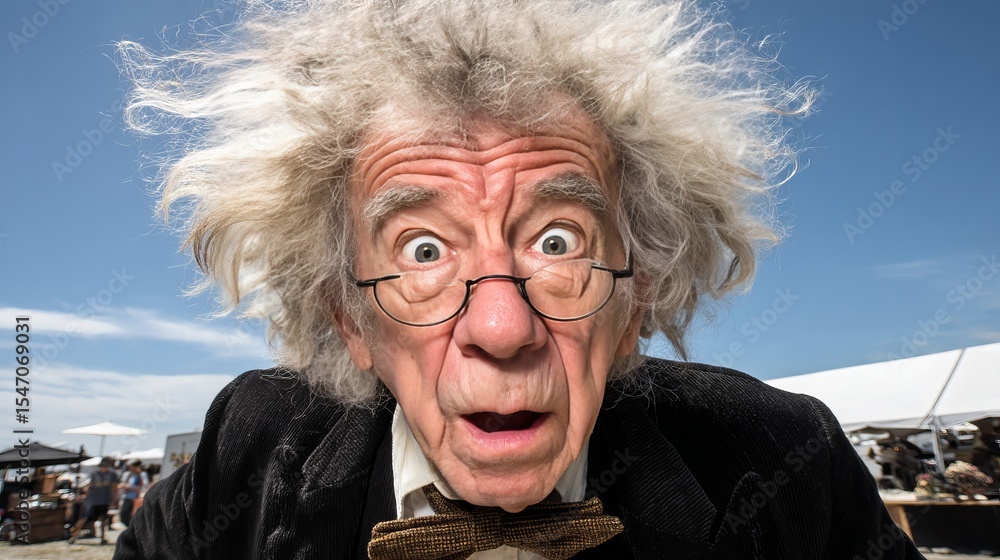 Obraz premium Surprised elderly man with wild gray hair and round glasses expressing shock or amazement