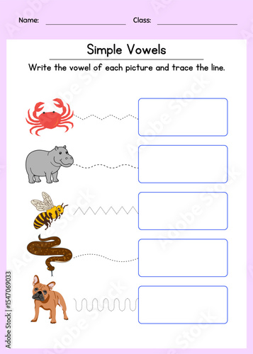 Simple vowels worksheet for kids. Write the vowel of each picture and trace the line. Fun literacy activity for preschool and kindergarten learners. Animal vowel worksheet.