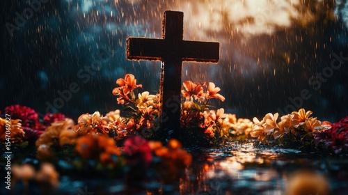 shadow Conceptual view of Christian cross under rain of flowers. Concept for catholic religion and holy week 