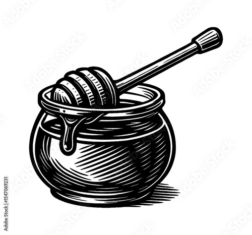 Honey pot and dipper in monochrome vector illustration, engraved drawing style.