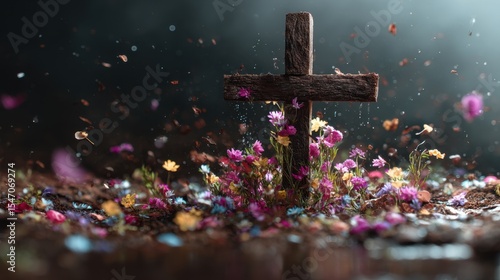 Conceptual view of Christian cross under rain of flowers. Concept for catholic religion and holy week