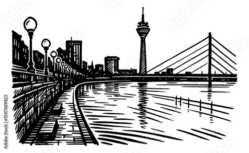 Black and white line art of Dusseldorf city skyline with bridge and tower