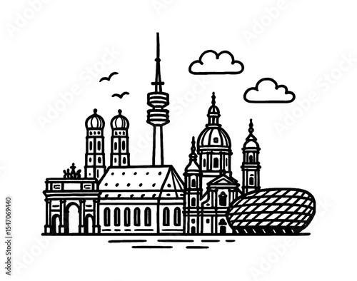 Munich Skyline Vector Illustration with Buildings, Clouds and Birds in Black and White