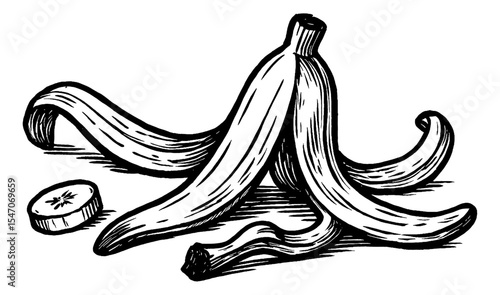 Engrave Banana Peel with Slice Still Life in Black and White Line Art