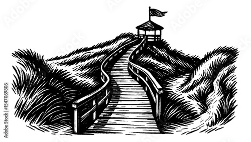 Illustration of Path to Lookout Tower on Dune in Black and White Engraved Style